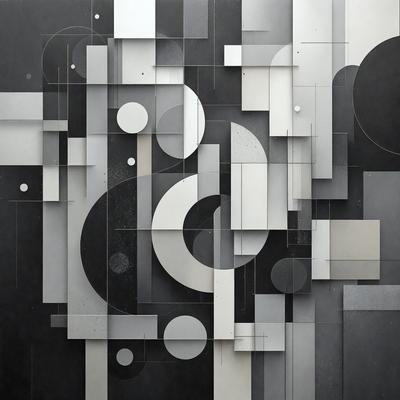 The primary subject of the image is a large, intricate, and colorful artwork featuring a combination of black and white, as well as gray and white. The setting is a wall, and the visual style appears to be a mix of digital art and illustration. The artwork is composed of various shapes, including circles, and it creates a dynamic and visually engaging scene. The overall atmosphere of the image is one of creativity and artistic expression.